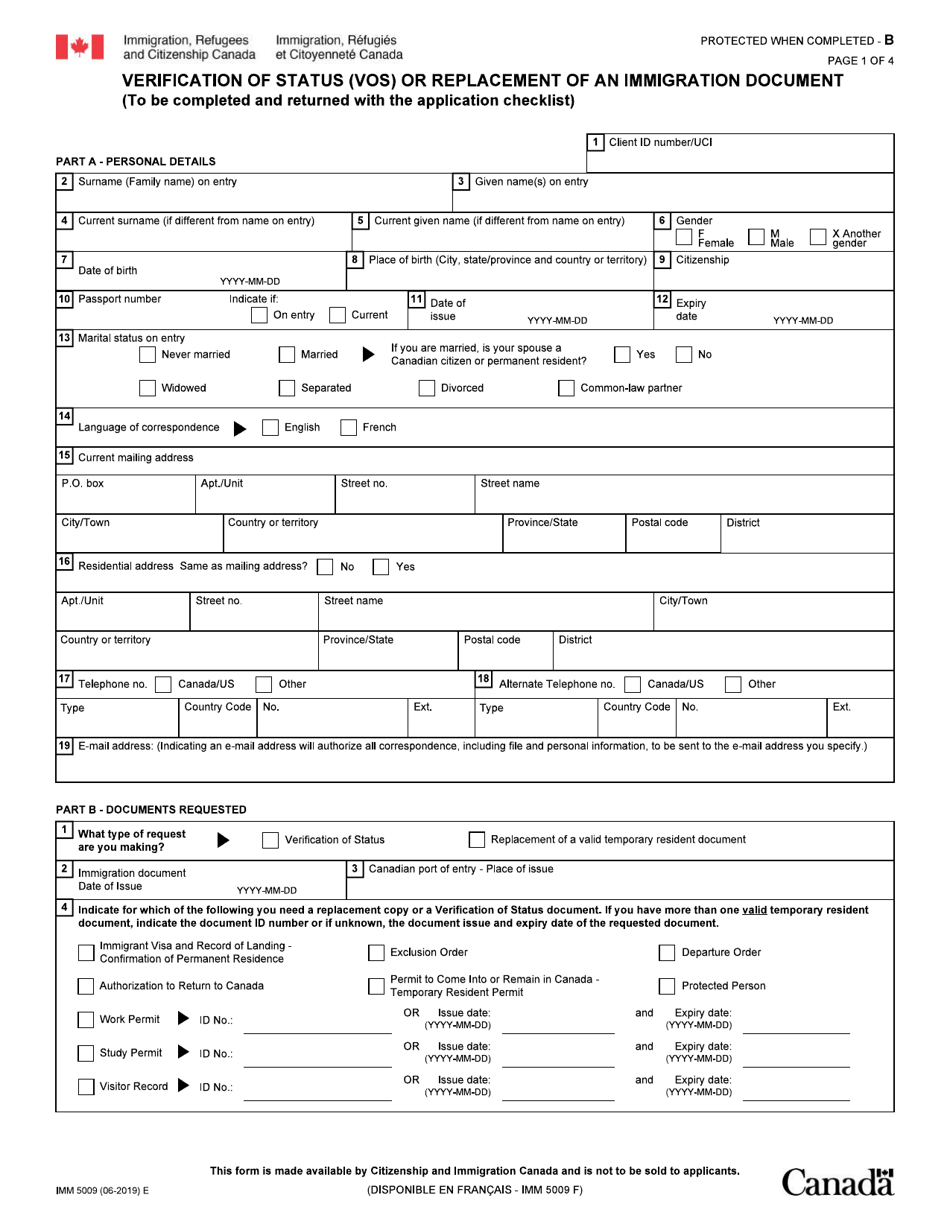 Form IMM5009 Verification of Status (Vos) or Replacement of an Immigration Document - Canada, Page 1