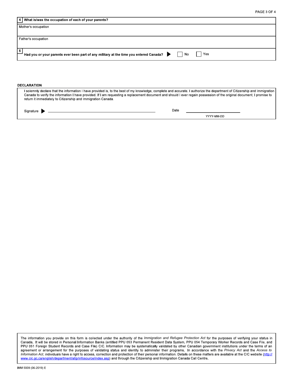 Form IMM5009 Verification of Status (Vos) or Replacement of an Immigration Document - Canada, Page 3