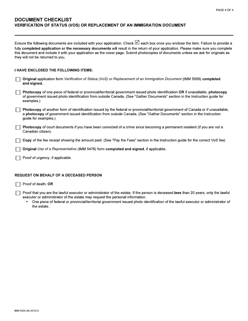 Form IMM5009 Verification of Status (Vos) or Replacement of an Immigration Document - Canada, Page 4
