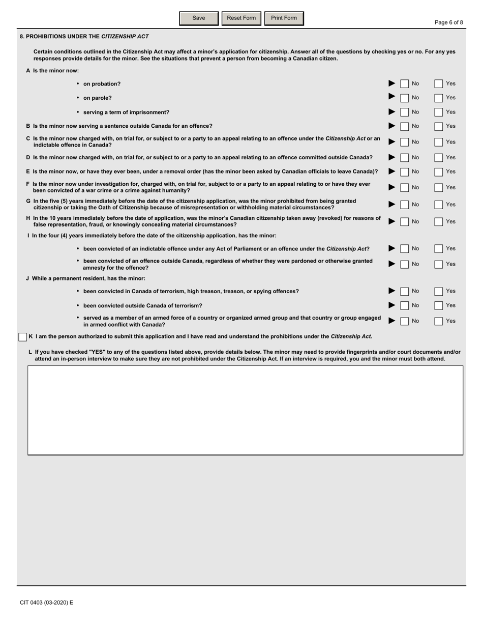 Form CIT0403 Application for Canadian Citizenship - Minors (Under 18 Years of Age) Applying Under Subsection 5(1) - Canada, Page 6