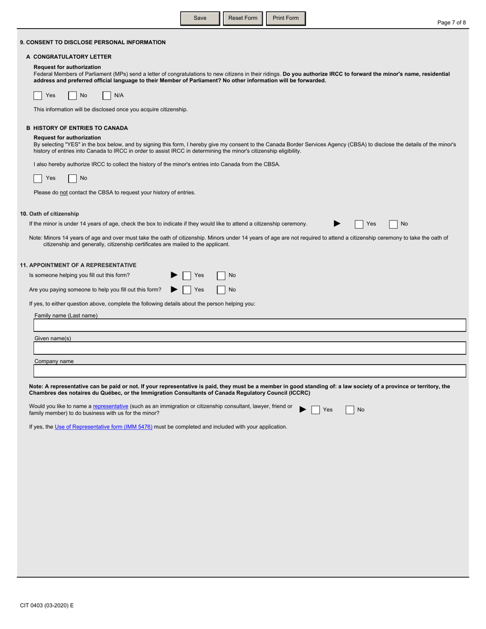 Form CIT0403 Application for Canadian Citizenship - Minors (Under 18 Years of Age) Applying Under Subsection 5(1) - Canada, Page 7
