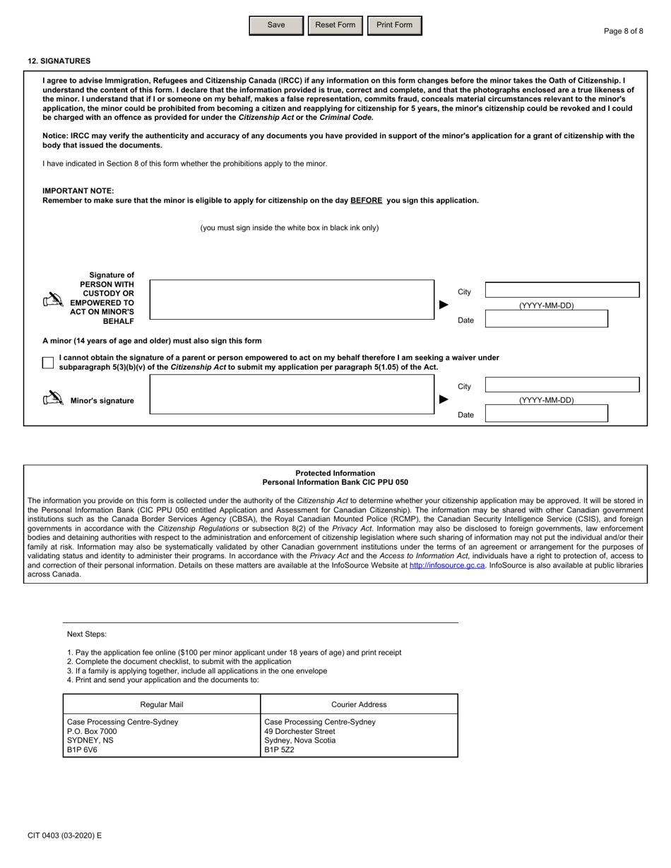 Form CIT0403 Application for Canadian Citizenship - Minors (Under 18 Years of Age) Applying Under Subsection 5(1) - Canada, Page 8