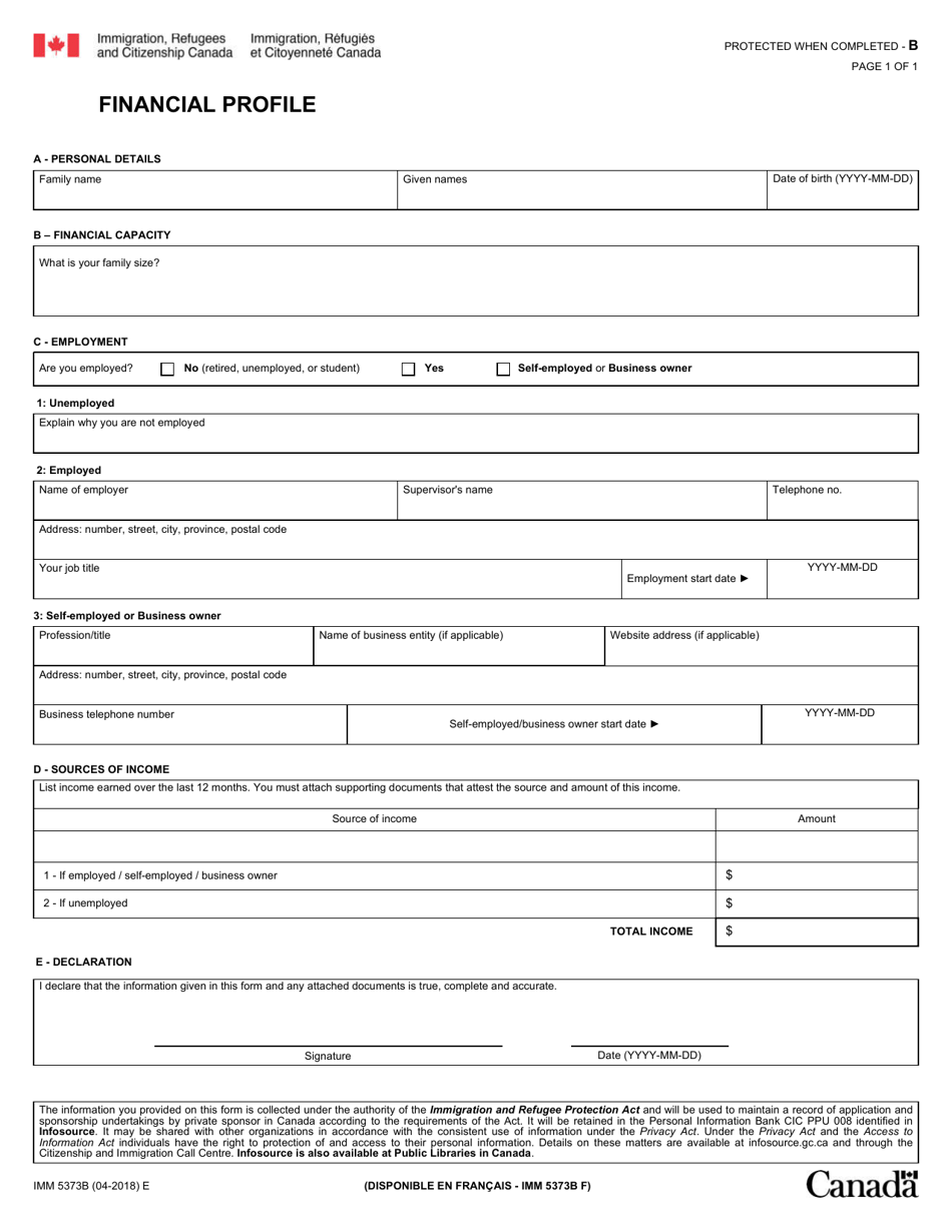 Form IMM5373B Financial Profile - Canada, Page 1