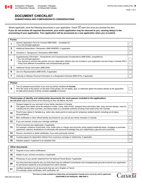 Form IMM5280 Document Checklist - Humanitarian and Compassionate Considerations - Canada