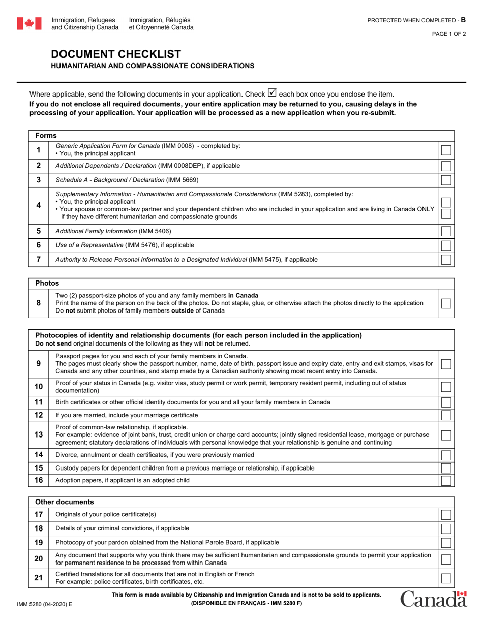 Form IMM5280 Document Checklist - Humanitarian and Compassionate Considerations - Canada, Page 1