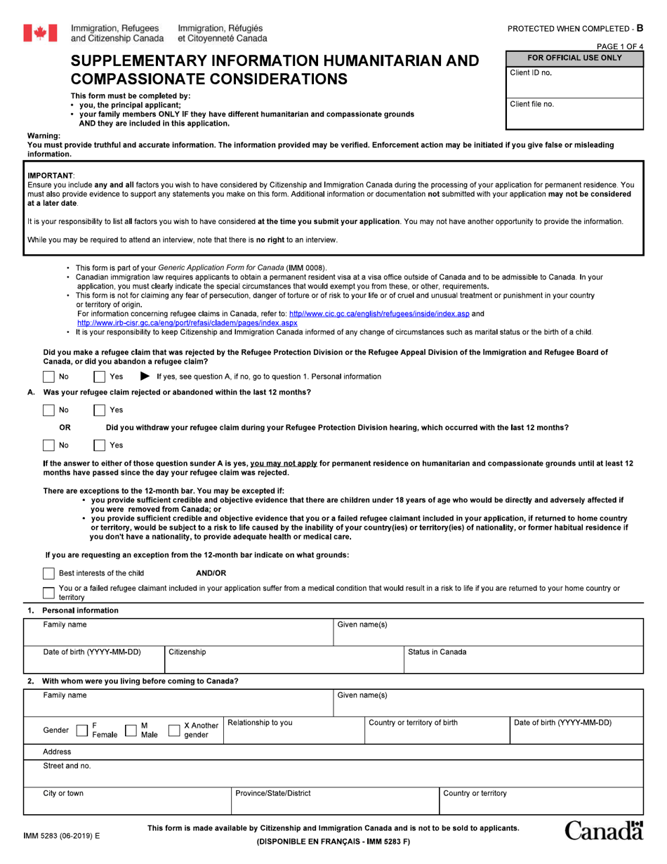 Form IMM5283 Supplementary Information Humanitarian and Compassionate Considerations - Canada, Page 1