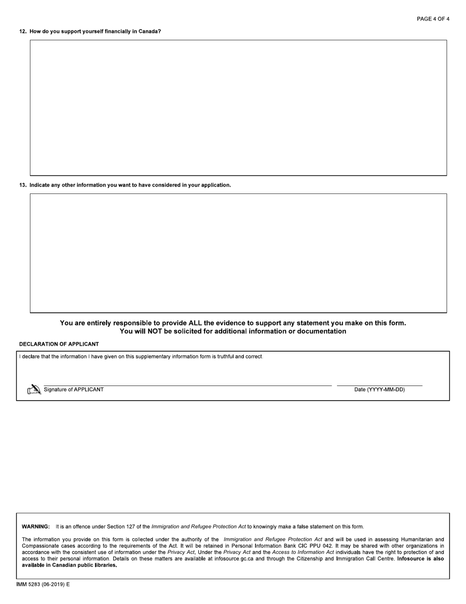 Form IMM5283 Supplementary Information Humanitarian and Compassionate Considerations - Canada, Page 4