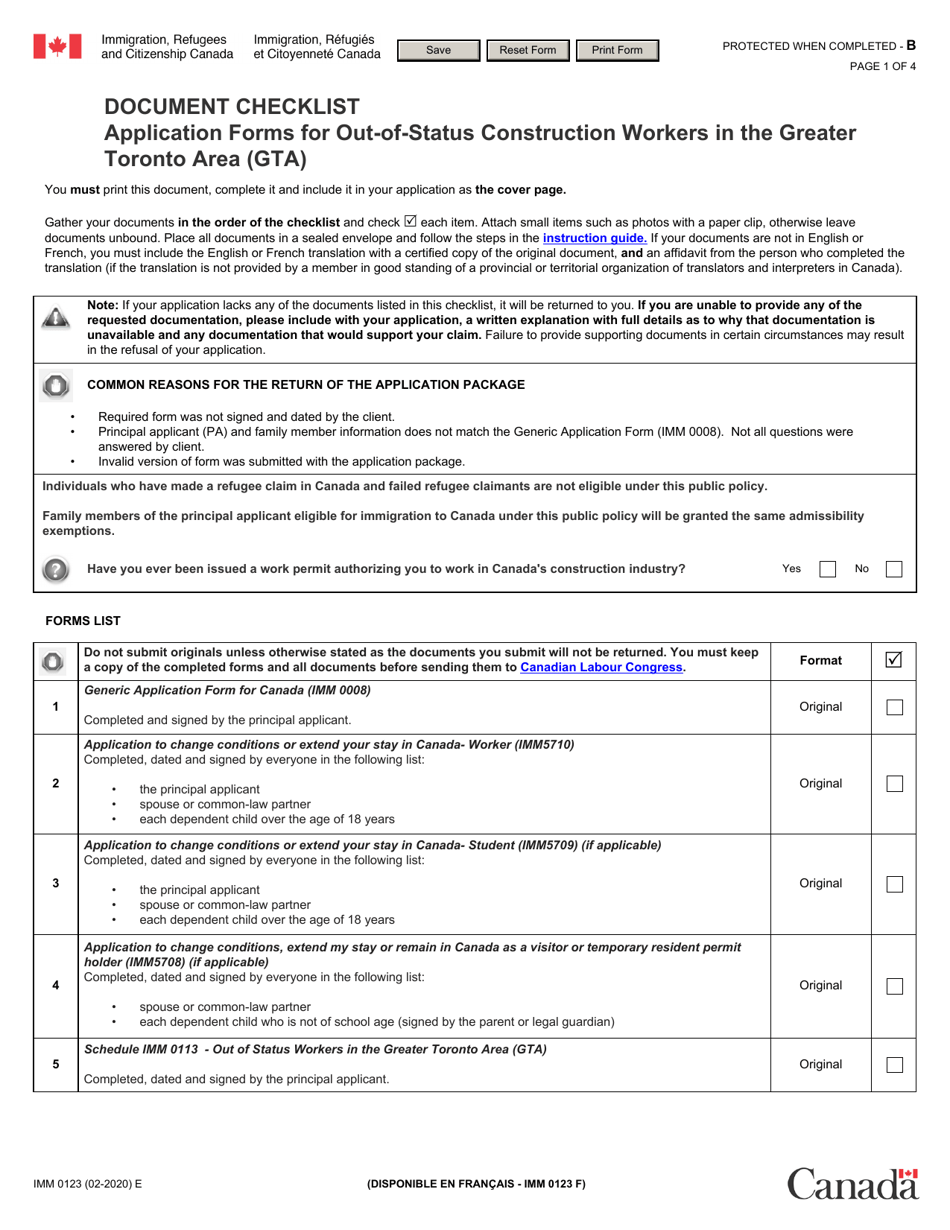 Form IMM0123 Document Checklist Application Forms for out-Of-Status Construction Workers in the Greater Toronto Area (Gta) - Canada, Page 1