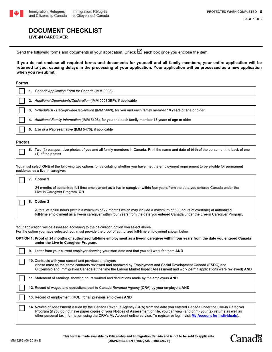 Form IMM5282 Document Checklist - Live-In Caregiver - Canada, Page 1