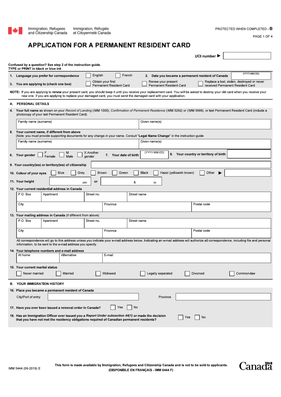 Form IMM5444 Application for a Permanent Resident Card - Canada, Page 1