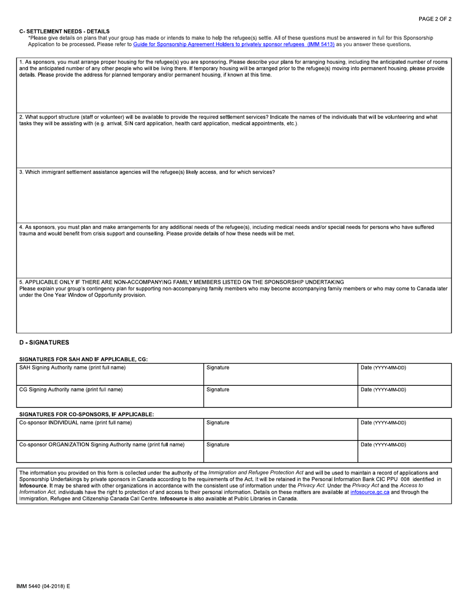Form IMM5440 Settlement Plan - Sponsorship Agreement Holders (Sah) - Canada, Page 2