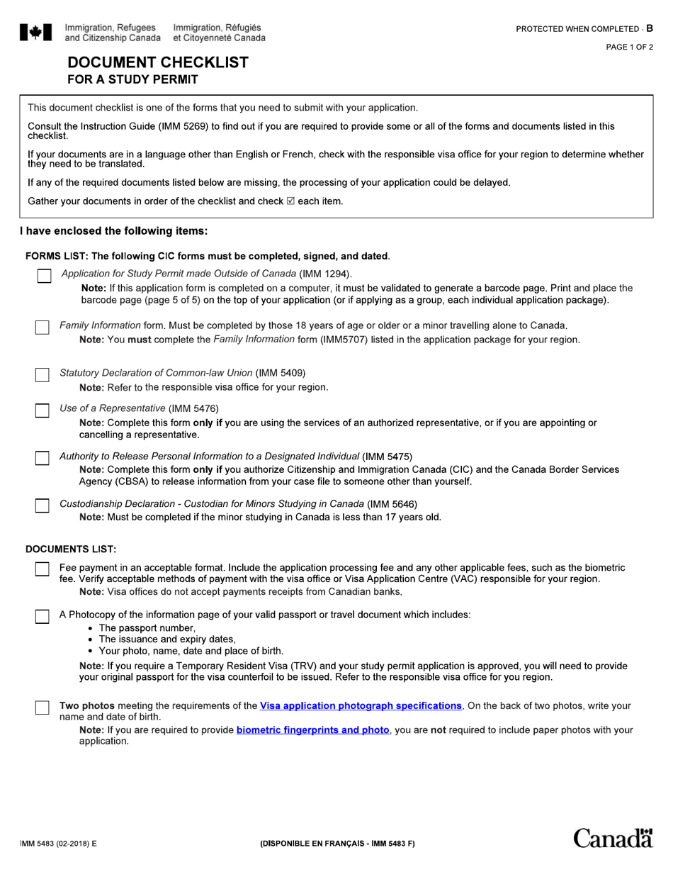 Form IMM5483 Document Checklist for a Study Permit - Canada, Page 1