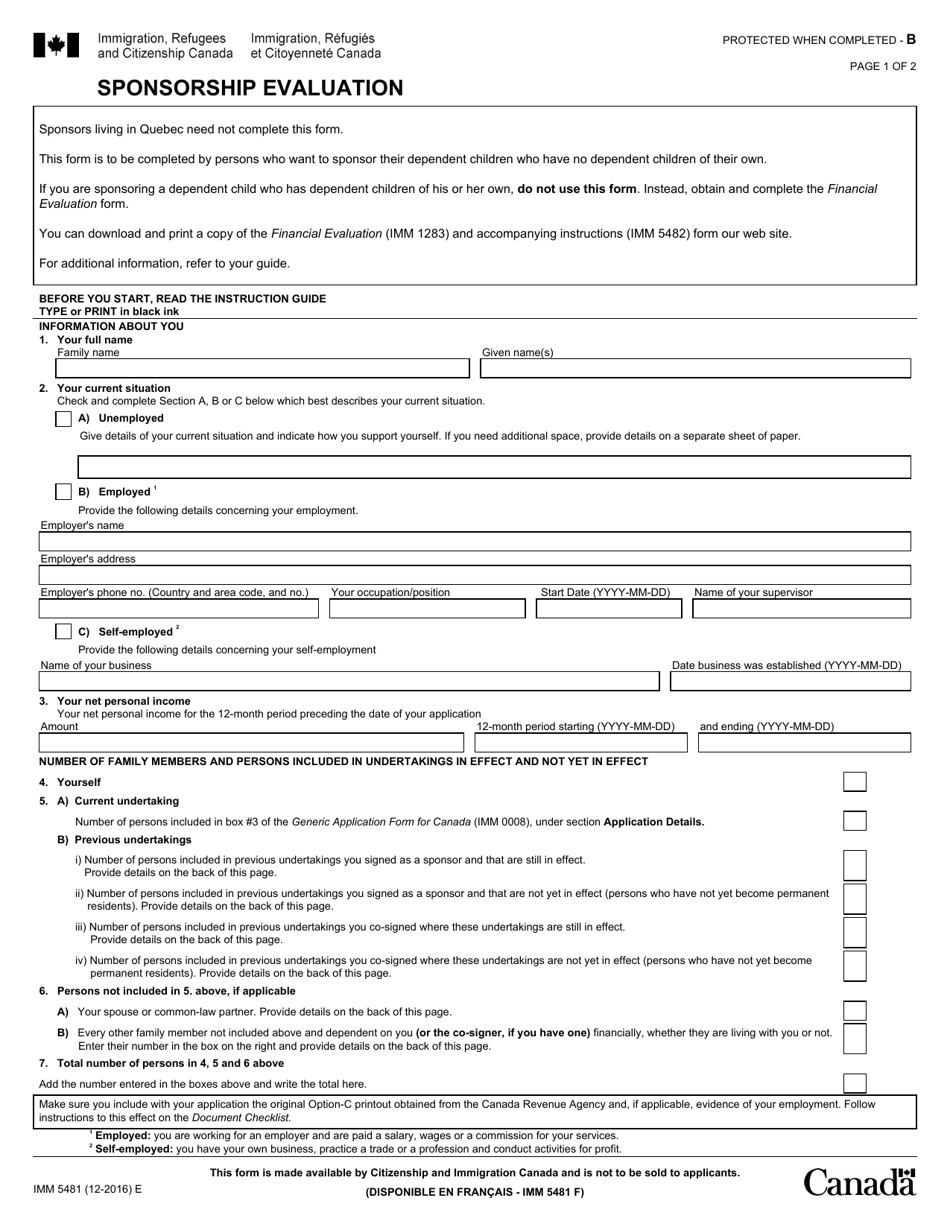 Form IMM5481 Sponsorship Evaluation - Canada, Page 1
