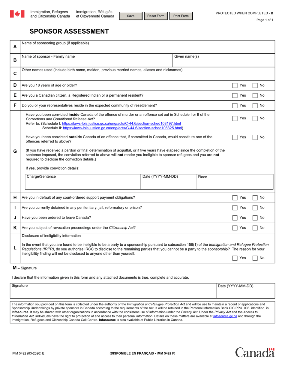 Form IMM5492 Sponsor Assessment - Canada, Page 1