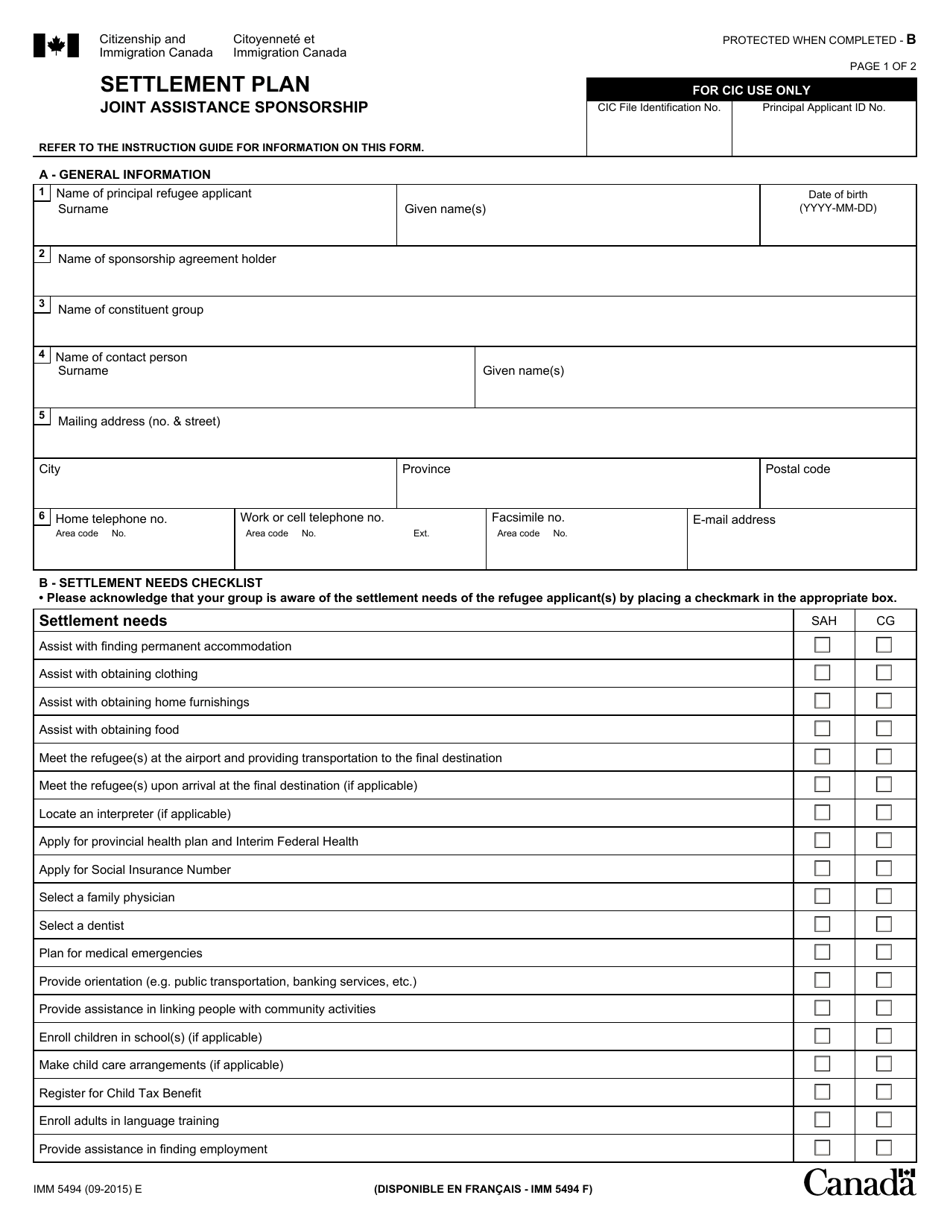 Form IMM5494 Settlement Plan - Joint Assistance Sponsorship - Canada, Page 1