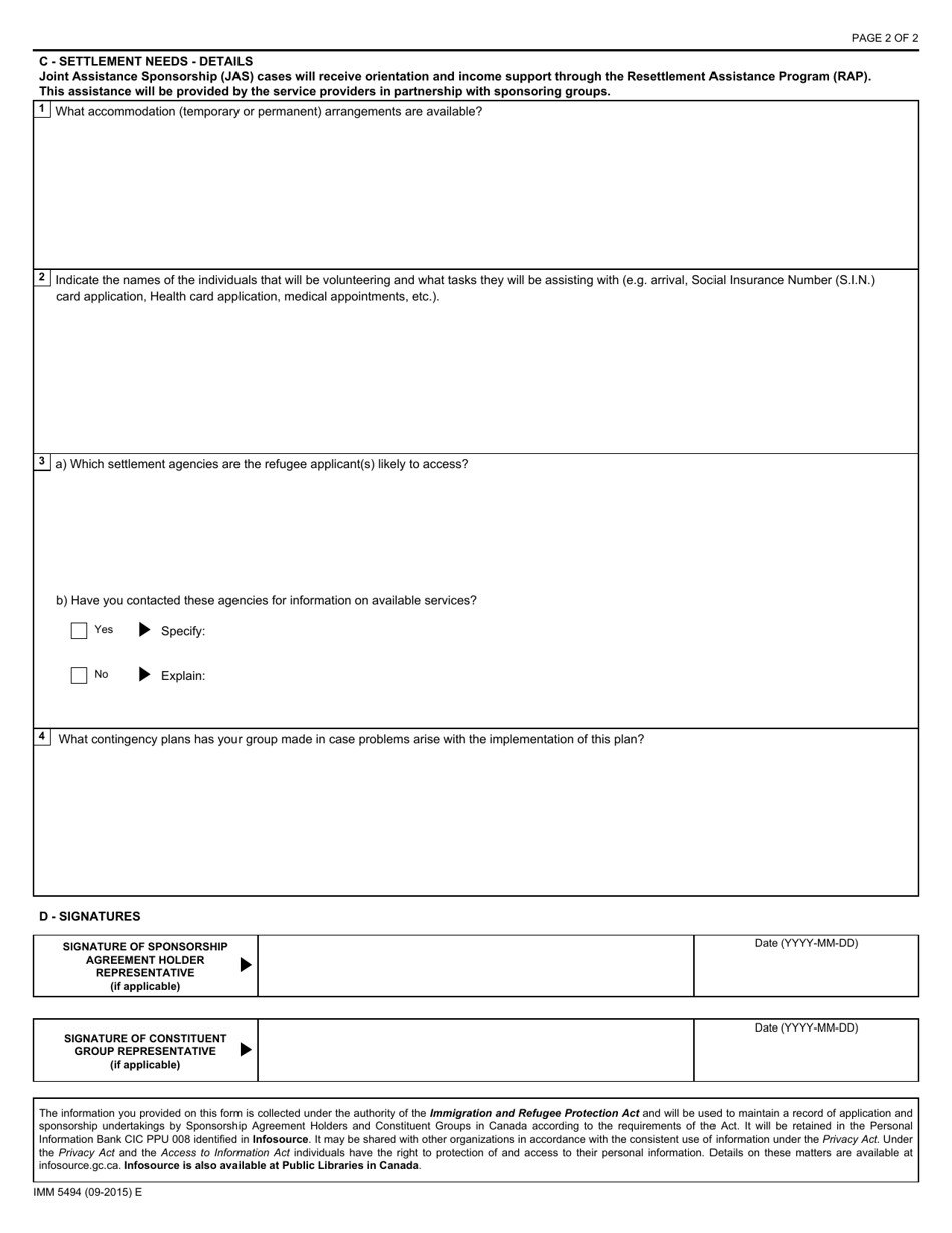 Form IMM5494 Settlement Plan - Joint Assistance Sponsorship - Canada, Page 2