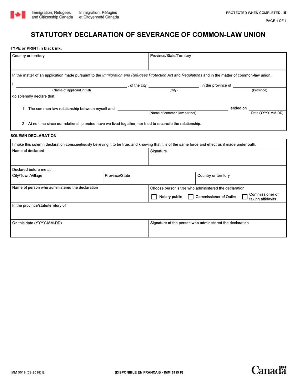 Form IMM5519 Statutory Declaration of Severance of Common-Law Union - Canada, Page 1