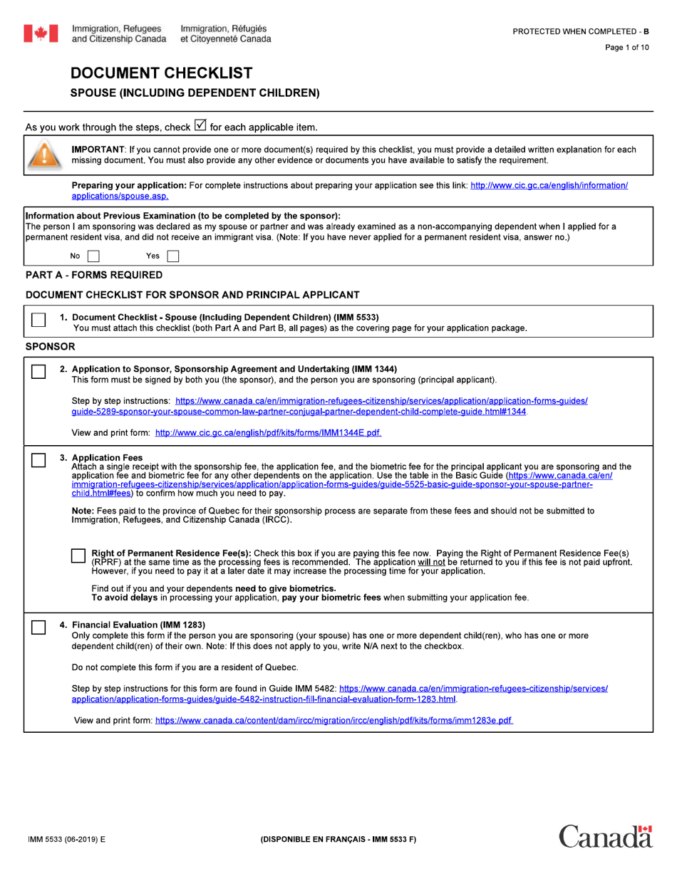 Form IMM5533 Document Checklist - Spouse (Including Dependent Children) - Canada, Page 1