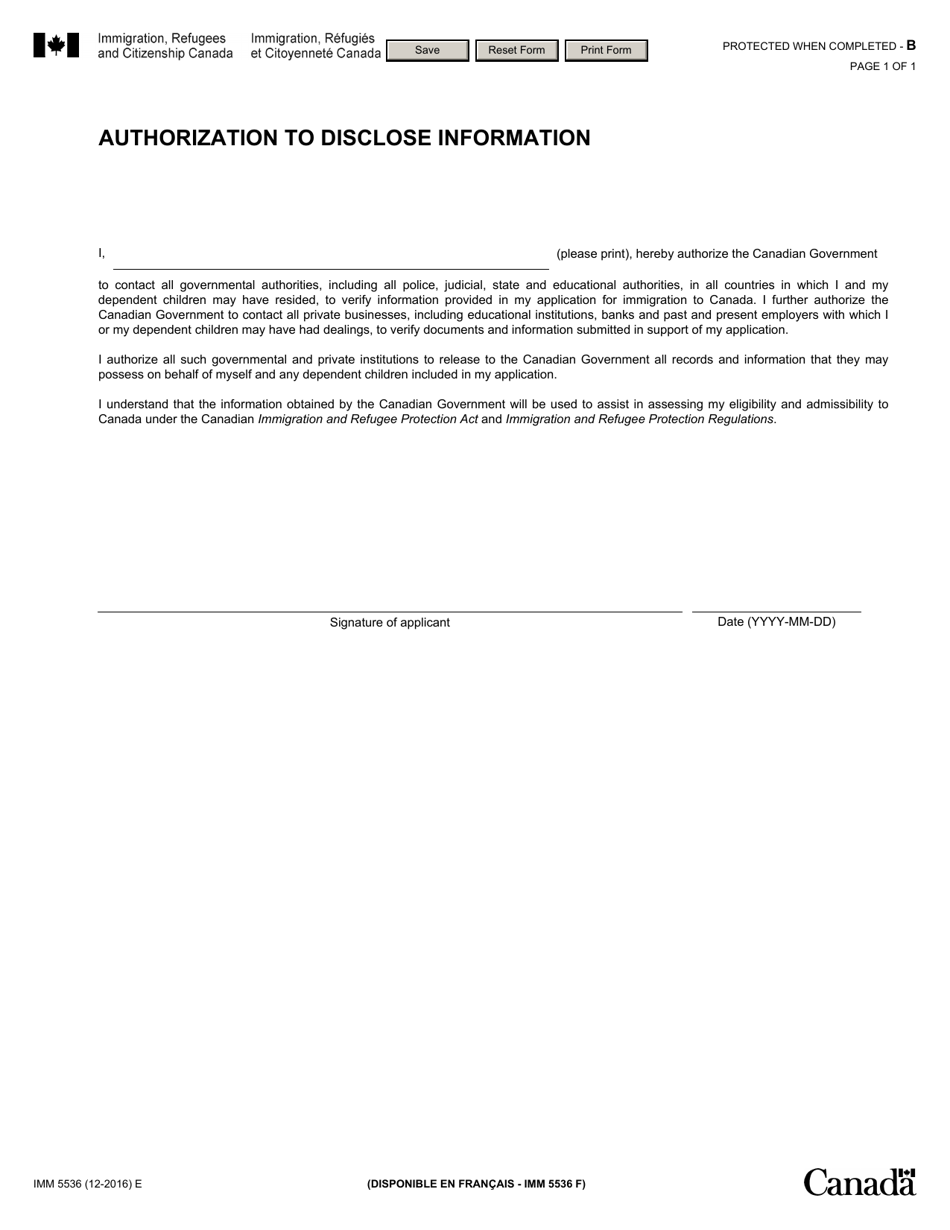 Form IMM5536 Authorization to Disclose Information - Canada, Page 1