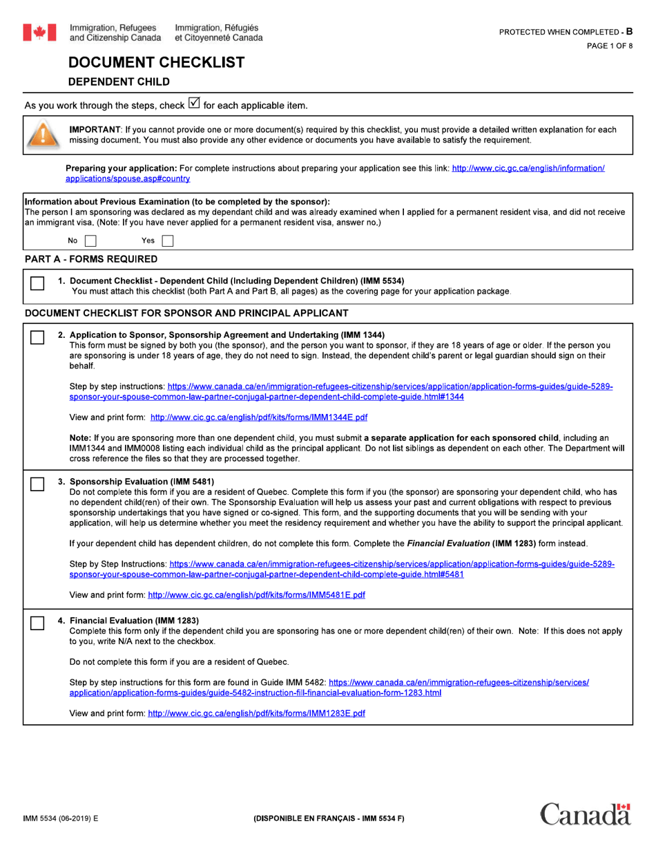 Form IMM5534 Document Checklist - Dependent Child - Canada, Page 1