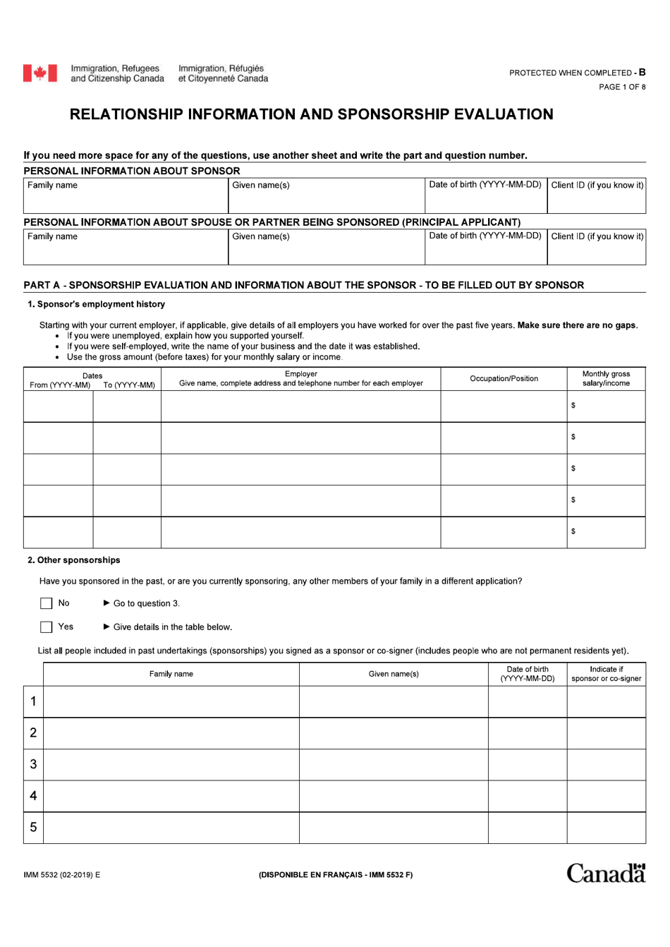 Form IMM5532 Relationship Information and Sponsorship Evaluation - Canada, Page 1