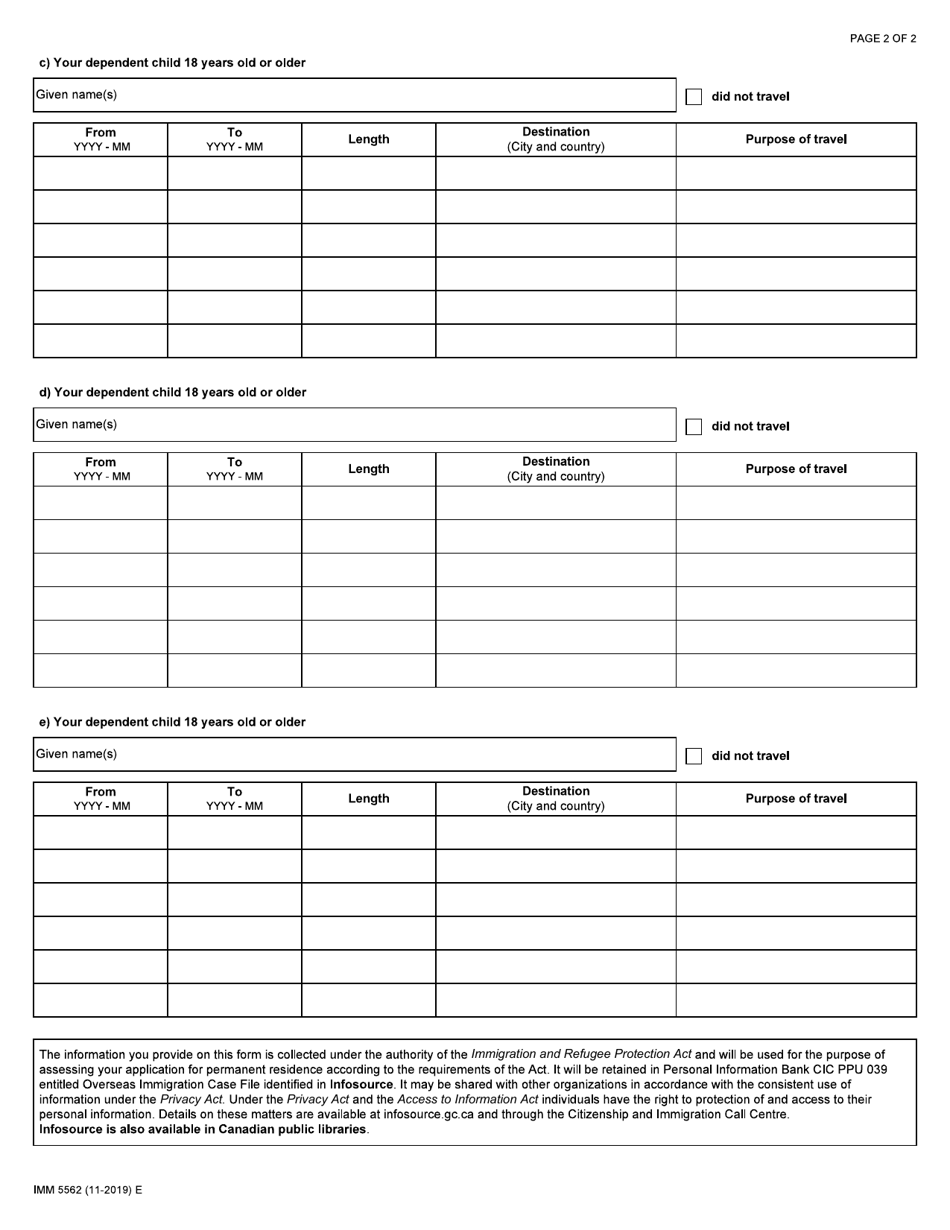 Form IMM5562 Supplementary Information - Your Travels - Canada, Page 2