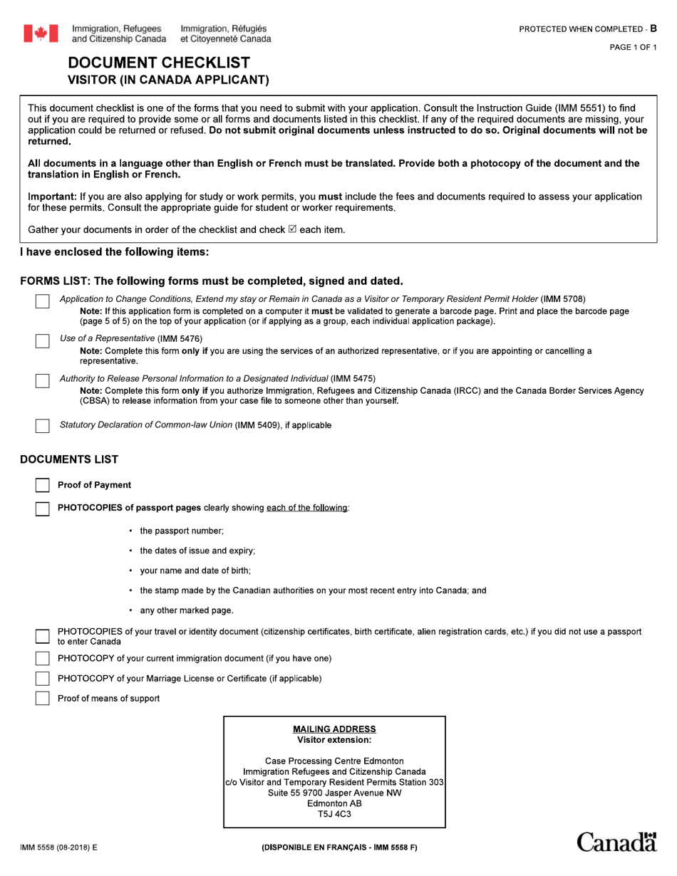 Form IMM5558 Document Checklist - Visitor (In Canada Applicant) - Canada, Page 1
