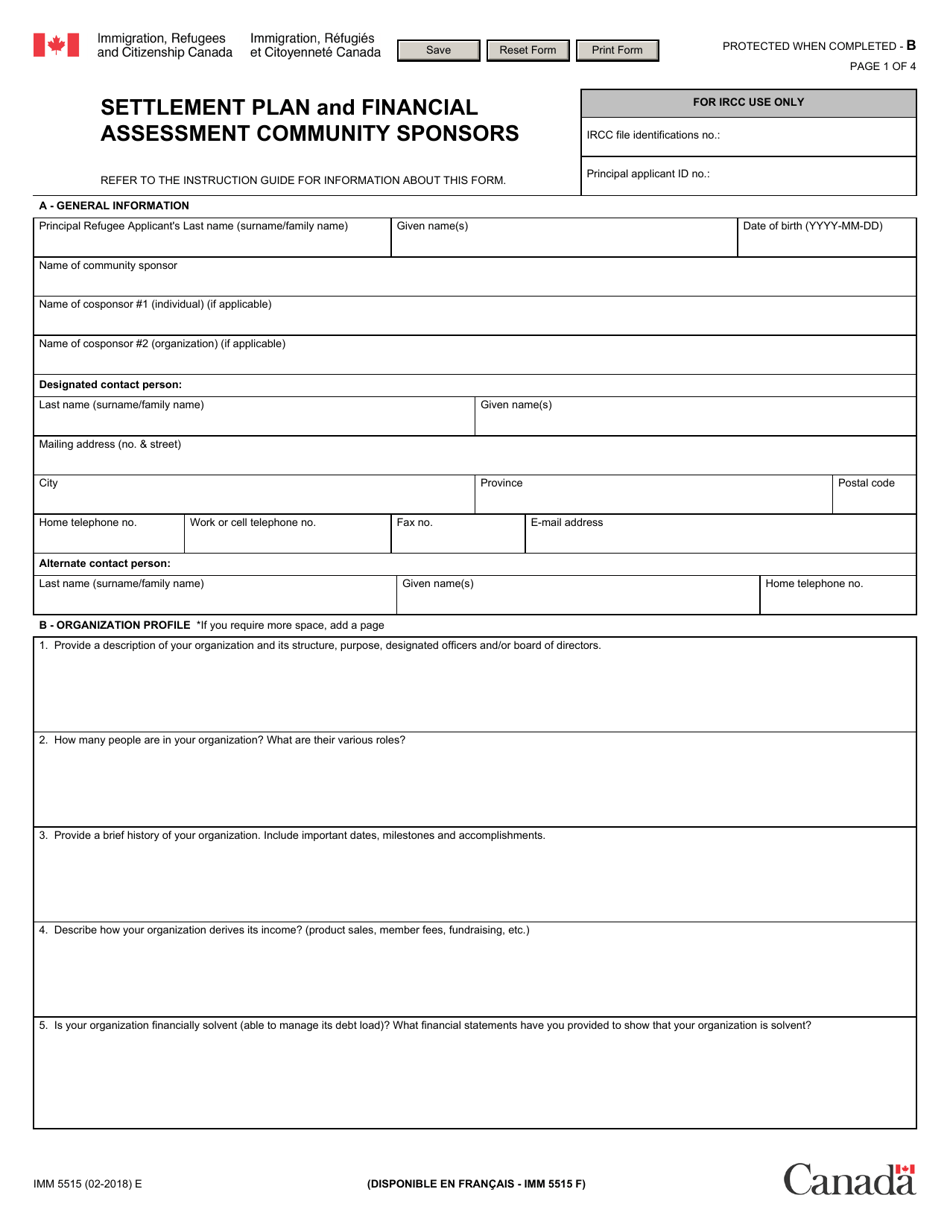 Form IMM5515 Settlement Plan and Financial Assessment Community Sponsors - Canada, Page 1