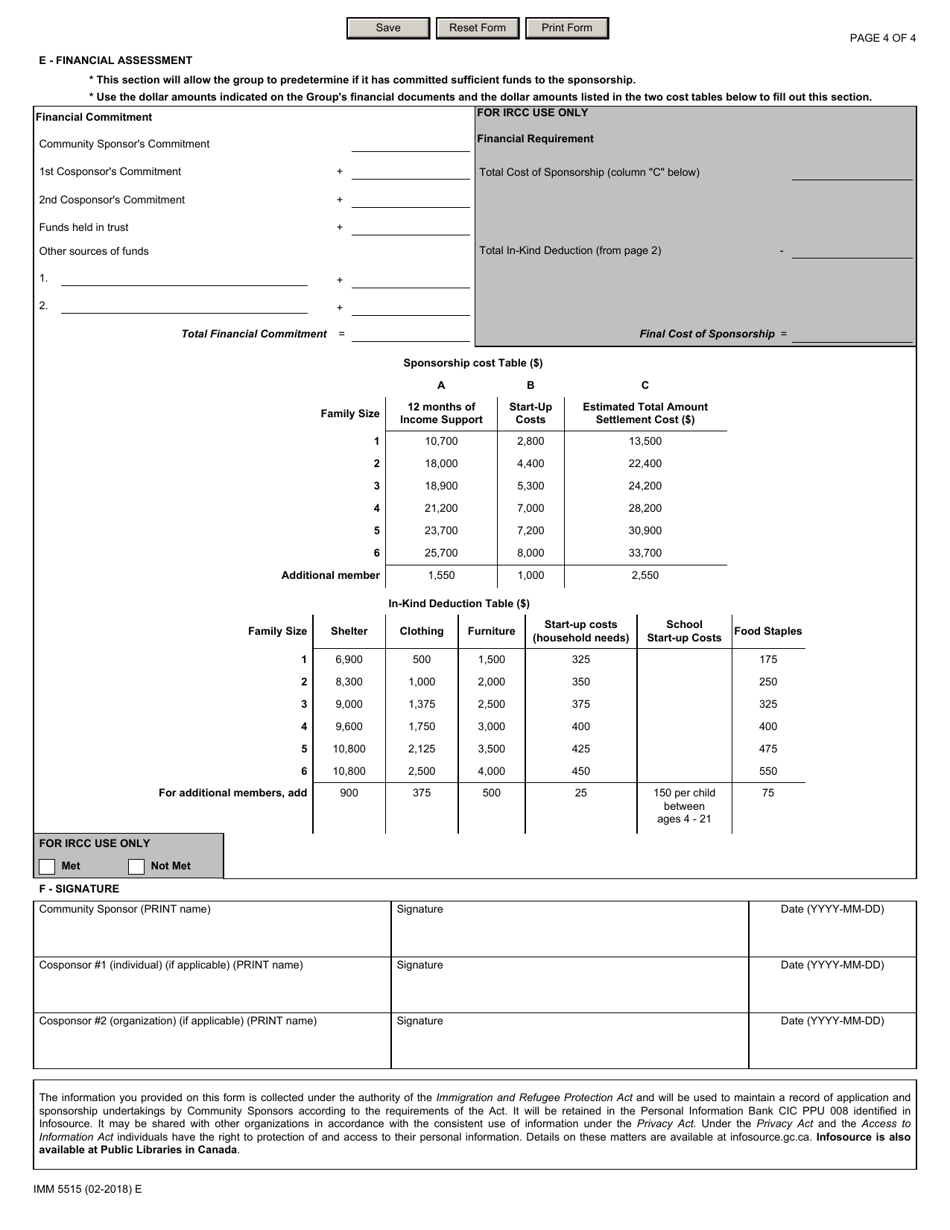 Form IMM5515 Settlement Plan and Financial Assessment Community Sponsors - Canada, Page 4