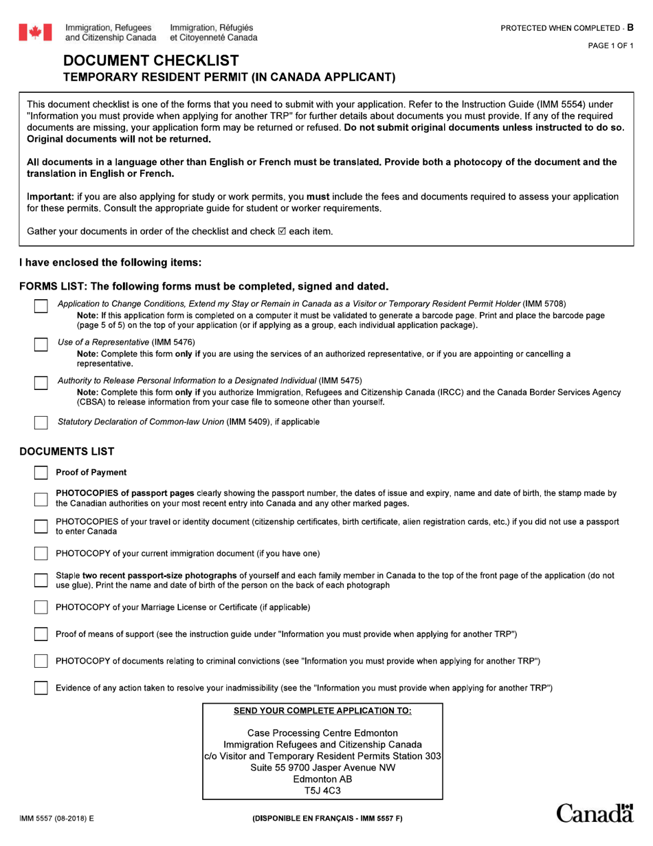 Form IMM5557 Document Checklist - Temporary Resident Permit (In Canada Applicant) - Canada, Page 1