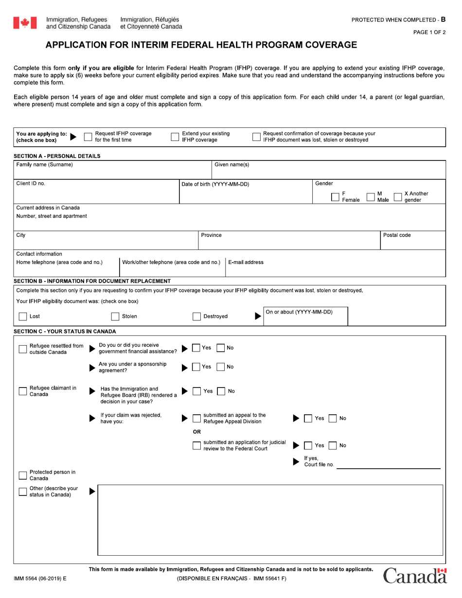 Form IMM5564 Application for Interim Federal Health Program Coverage - Canada, Page 1