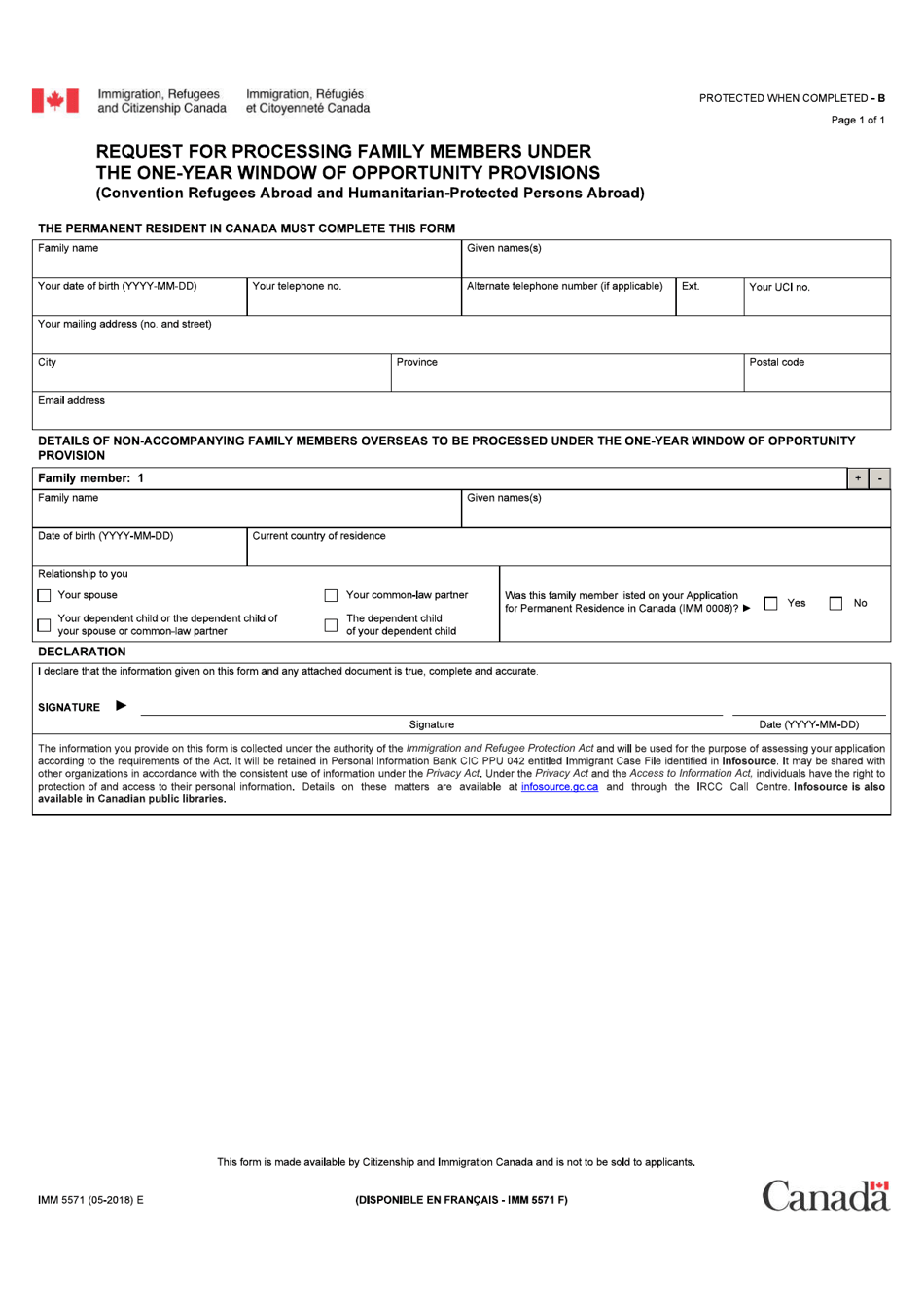 Form IMM5571 Request for Processing Family Members Under the One-Year Window of Opportunity Provisions - Canada, Page 1