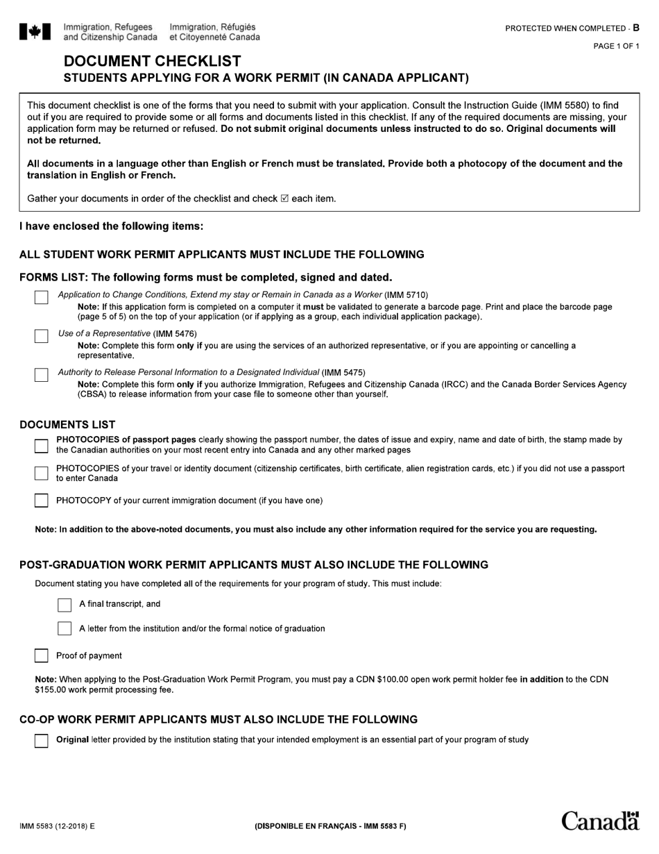 Form IMM5583 Document Checklist - Students Applying for a Work Permit (In Canada Applicant) - Canada, Page 1