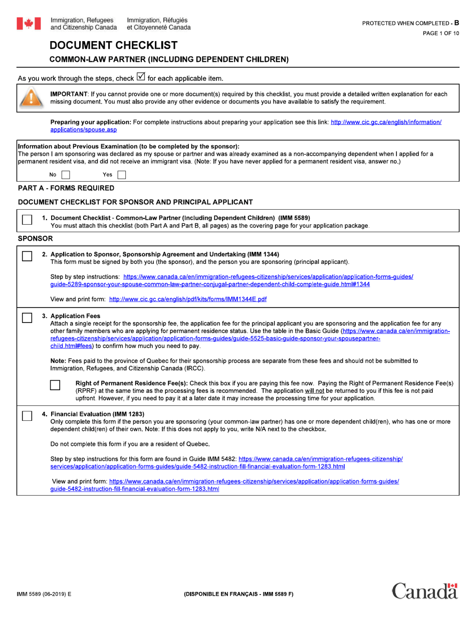Form IMM5589 Document Checklist - Common-Law Partner (Including Dependent Children) - Canada, Page 1