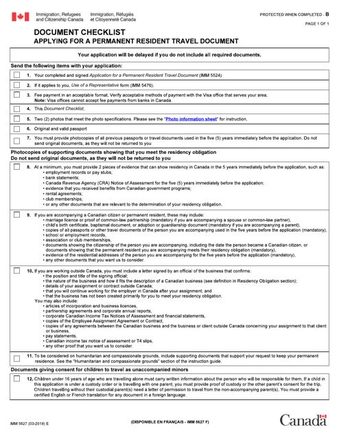 Form IMM5267 Document Checklist - Applying for a Permanent Resident Travel Document - Canada