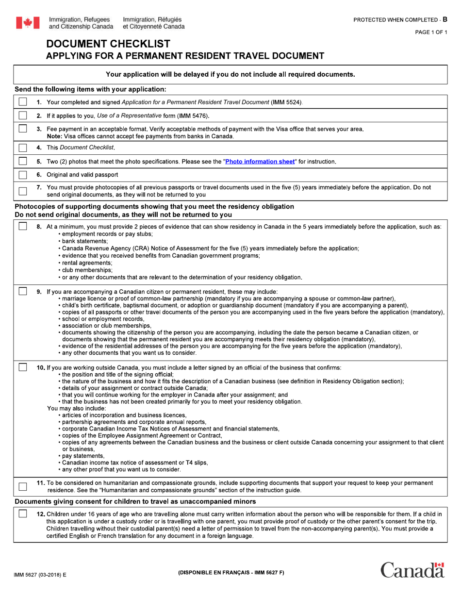 Form IMM5267 Document Checklist - Applying for a Permanent Resident Travel Document - Canada, Page 1