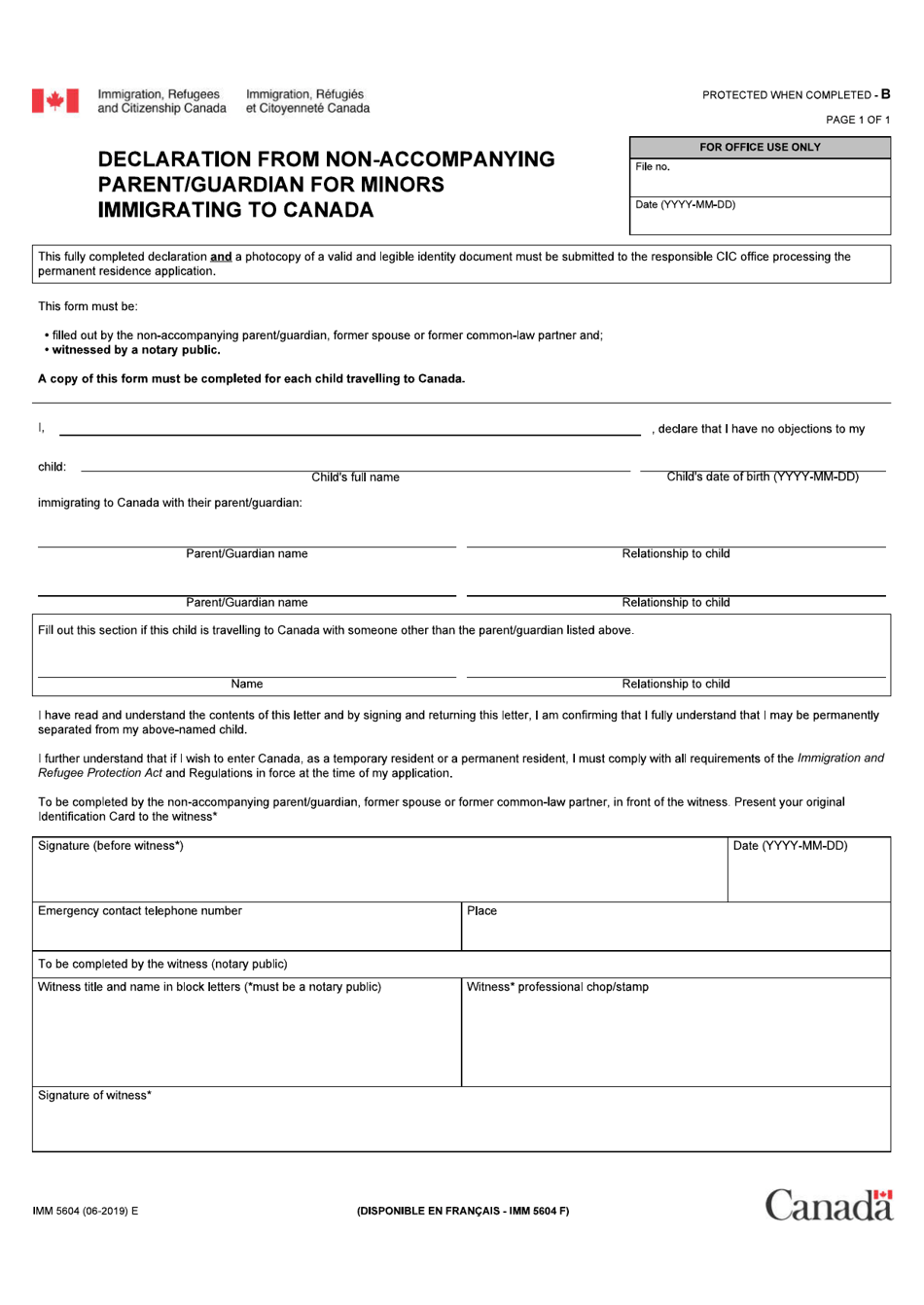 Form IMM5604 Declaration From Non-accompanying Parent / Guardian for Minors Immigrating to Canada - Canada, Page 1