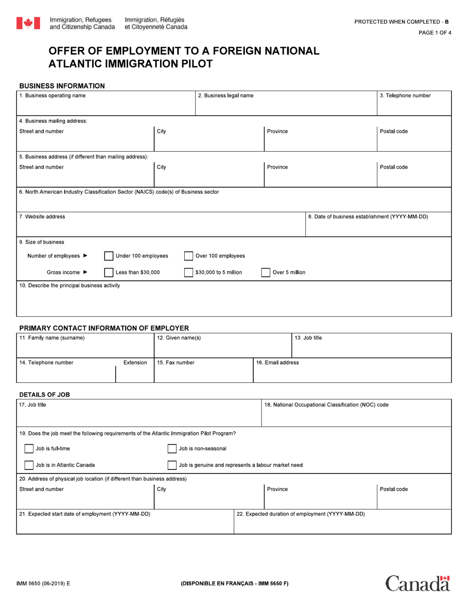 Form IMM5650 Offer of Employment to a Foreign National Atlantic Immigration Pilot - Canada, Page 1