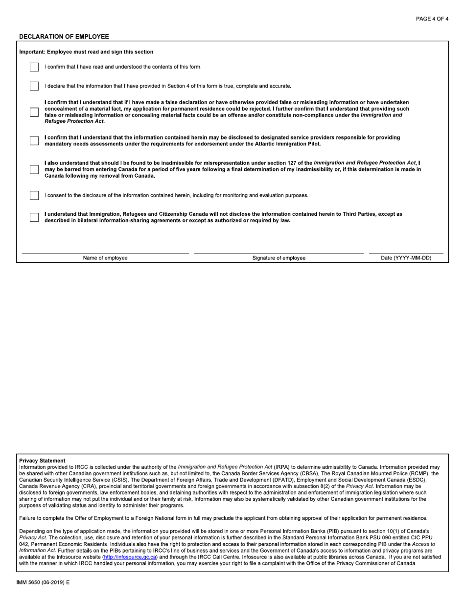 Form IMM5650 Offer of Employment to a Foreign National Atlantic Immigration Pilot - Canada, Page 4