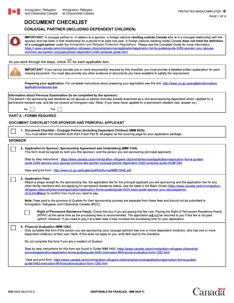 Form IMM5629 Document Checklist - Conjugal Partner (Including Dependent Children) - Canada, Page 1