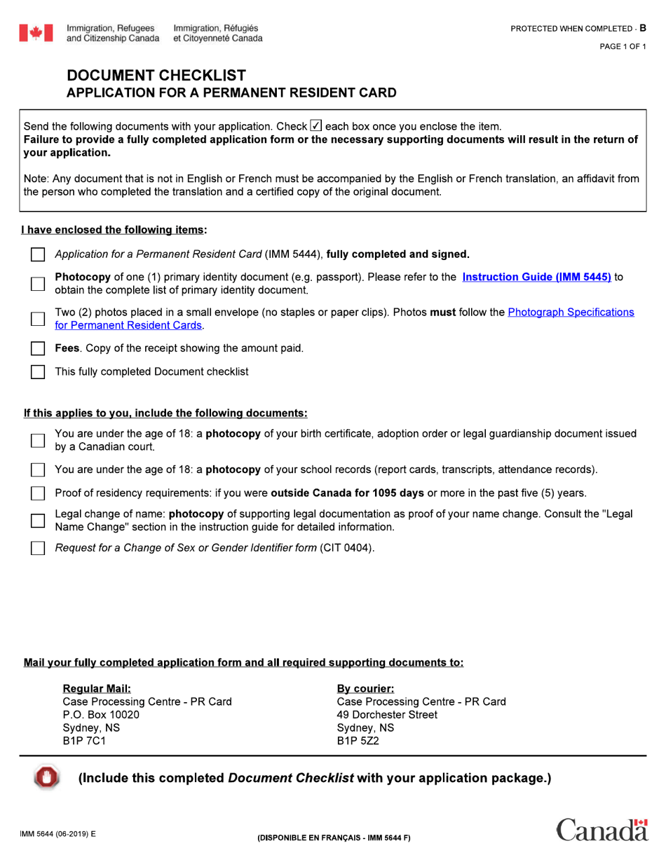 Form IMM5644 Document Checklist - Application for a Permanent Resident Card - Canada, Page 1
