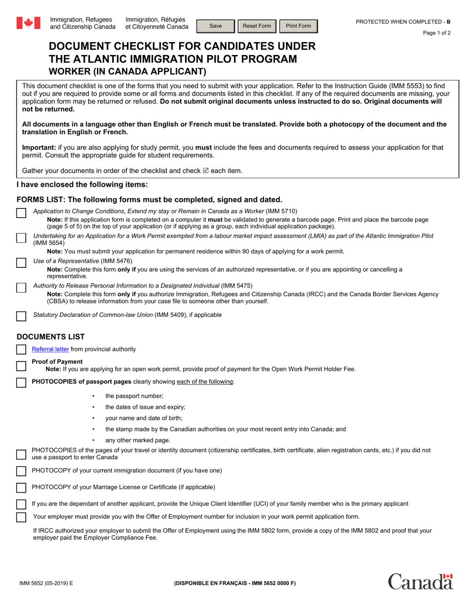 Form IMM5652 Document Checklist for Candidates Under the Atlantic Immigration Pilot Program Worker (In Canada Applicant) - Canada, Page 1