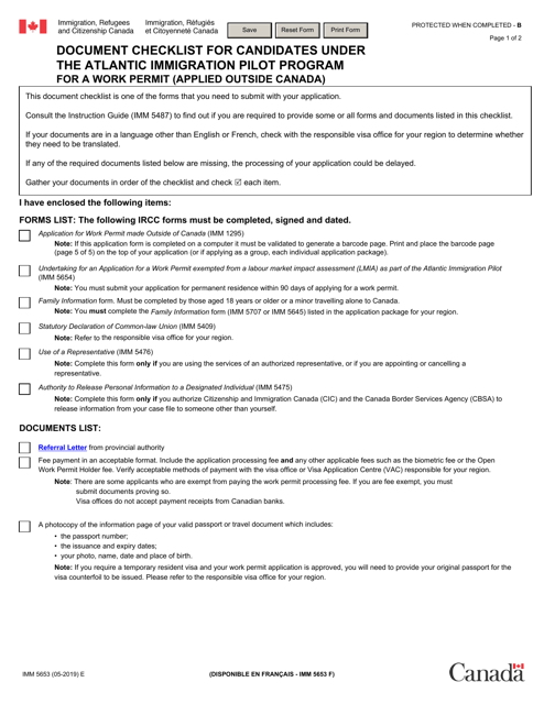 Form IMM5653 Document Checklist for Candidates Under the Atlantic Immigration Pilot Program for a Work Permit (Applied Outside Canada) - Canada