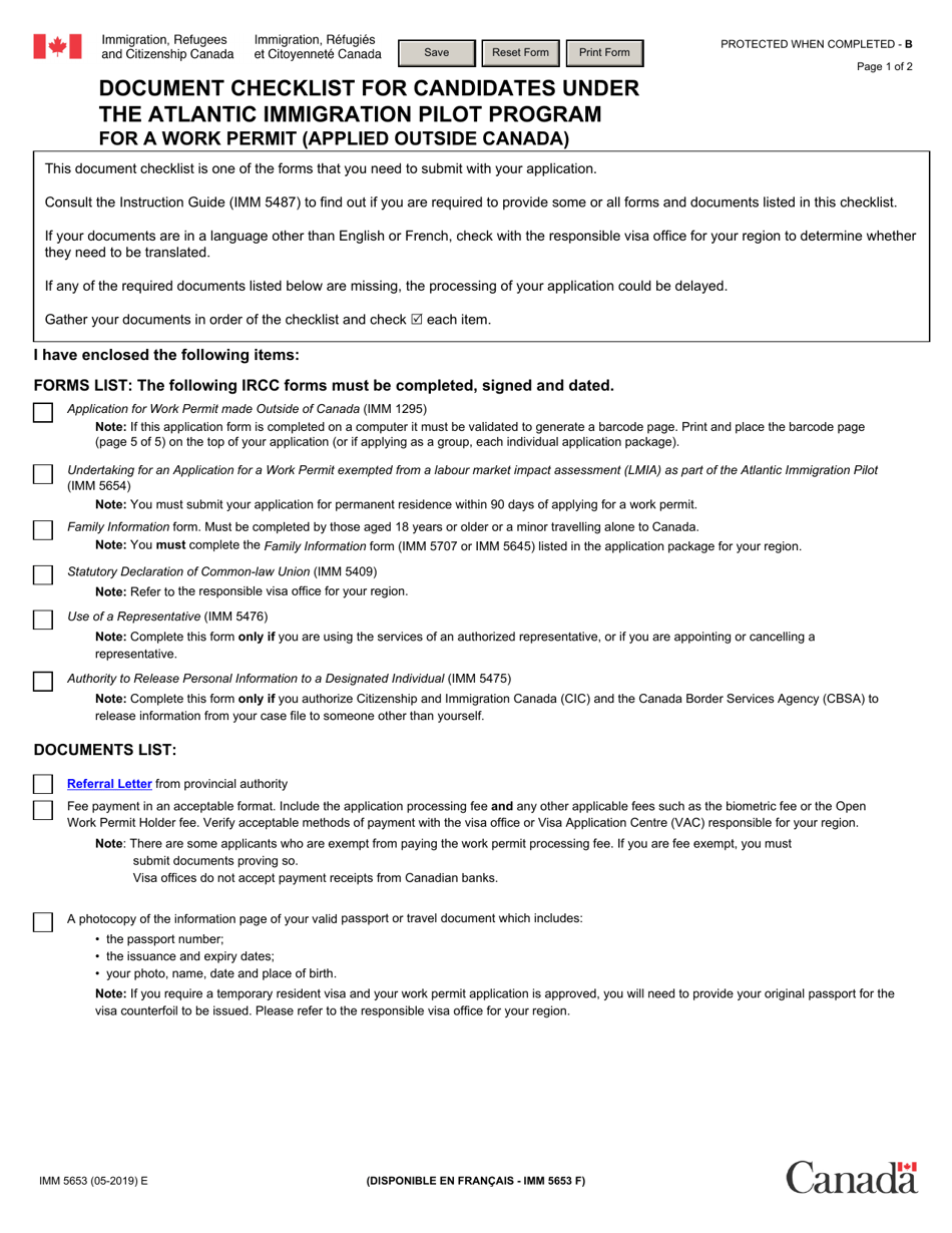 Form IMM5653 Document Checklist for Candidates Under the Atlantic Immigration Pilot Program for a Work Permit (Applied Outside Canada) - Canada, Page 1