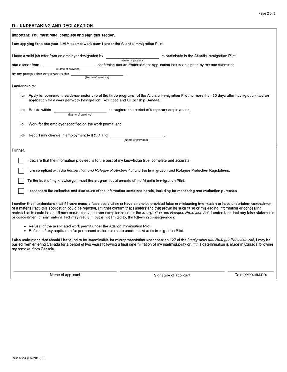 Form IMM5654 Undertaking for an Application for a Work Permit Exempted From a Labour Market Impact Assessment (Lmia) as Part of the Atlantic Immigration Pilot (Aip) - Canada, Page 2