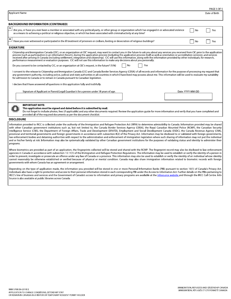 Form IMM5708 Application to Change Conditions, Extend My Stay or Remain in Canada as a Visitor or Temporary Resident Permit Holder - Canada, Page 5