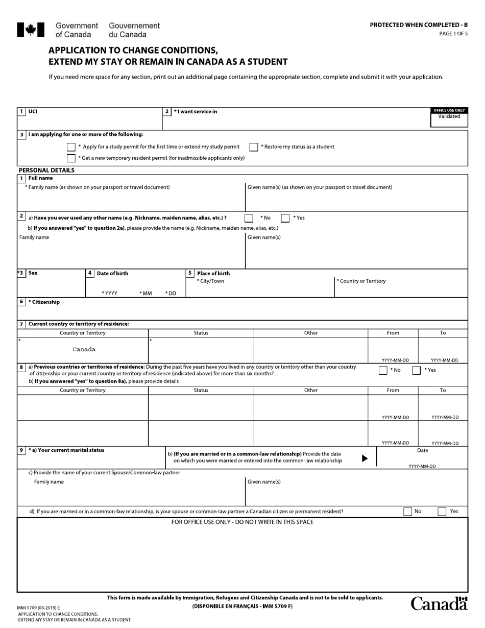 Form IMM5709 Application to Change Conditions, Extend My Stay or Remain in Canada as a Student - Canada, Page 1