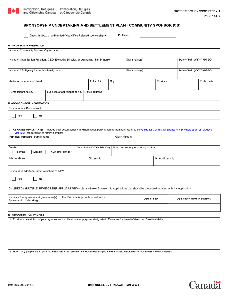 Form IMM5663 Sponsorship Undertaking and Settlement Plan - Community Sponsor (Cs) - Canada, Page 1