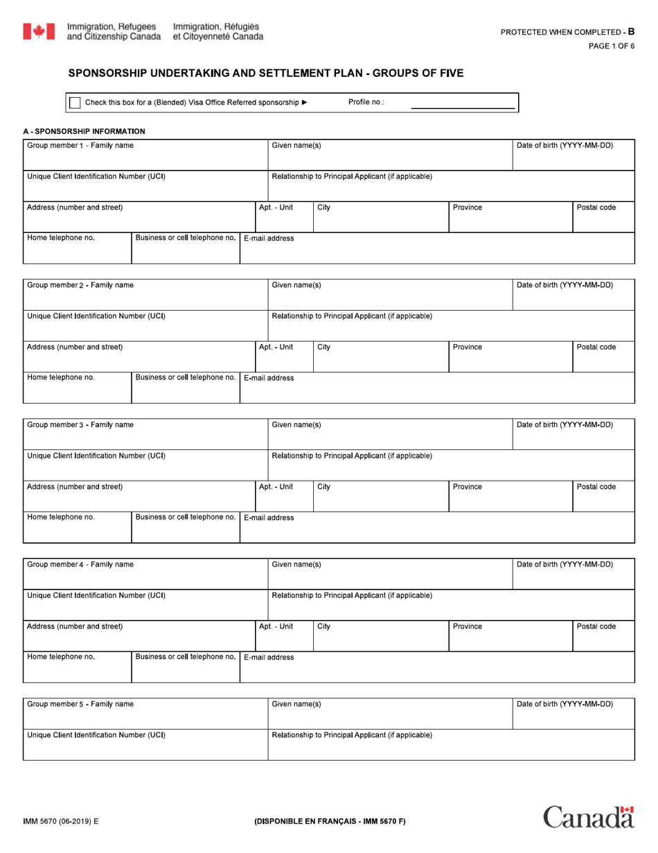 Form IMM5670 Sponsorship Undertaking and Settlement Plan - Groups of Five - Canada, Page 1