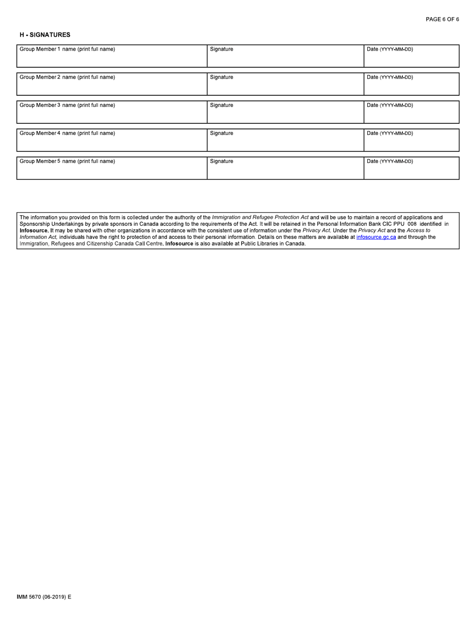 Form IMM5670 Sponsorship Undertaking and Settlement Plan - Groups of Five - Canada, Page 6